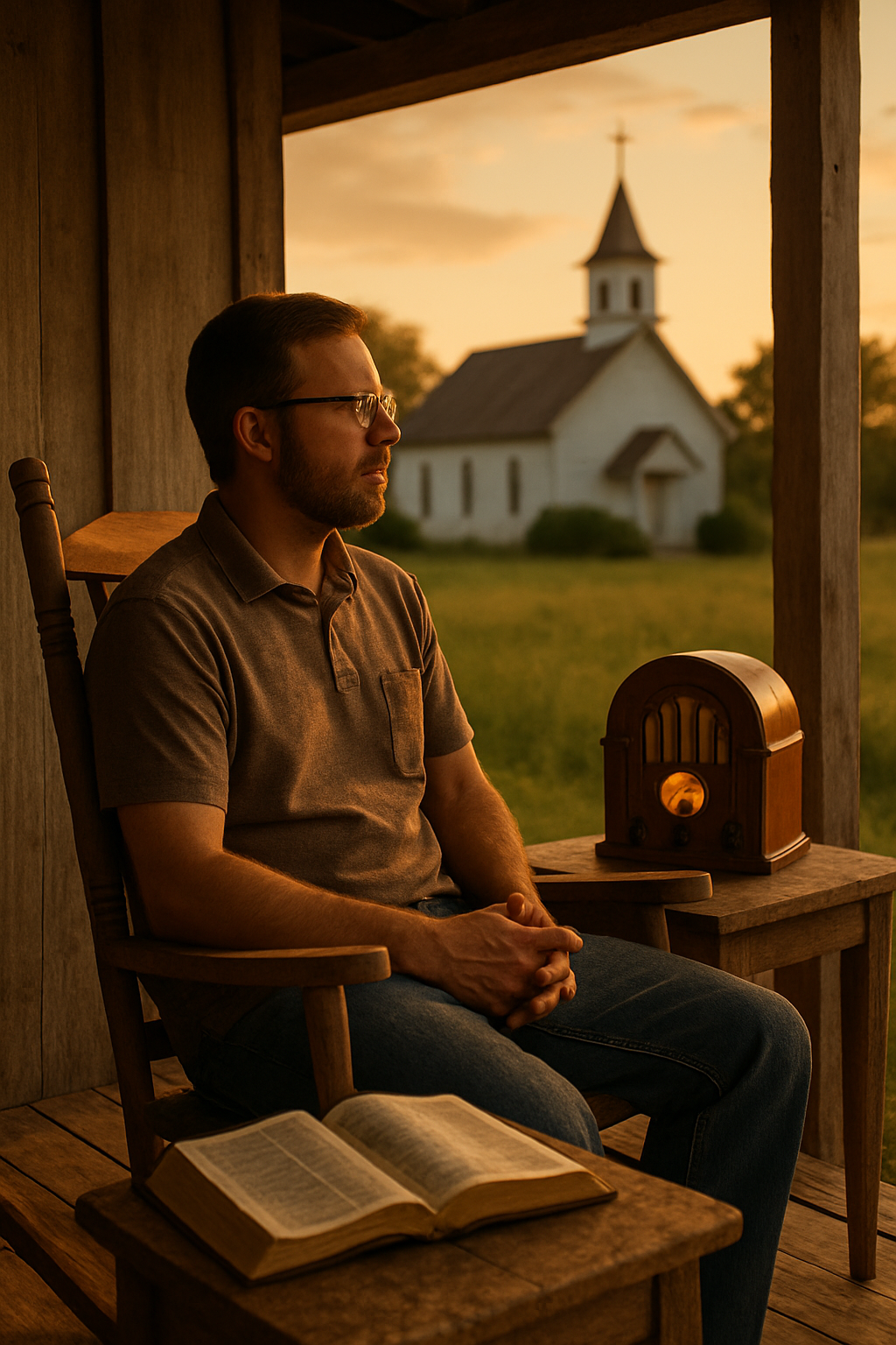 A reflective Southern Gospel listening moment on a farmhouse porch at golden hour