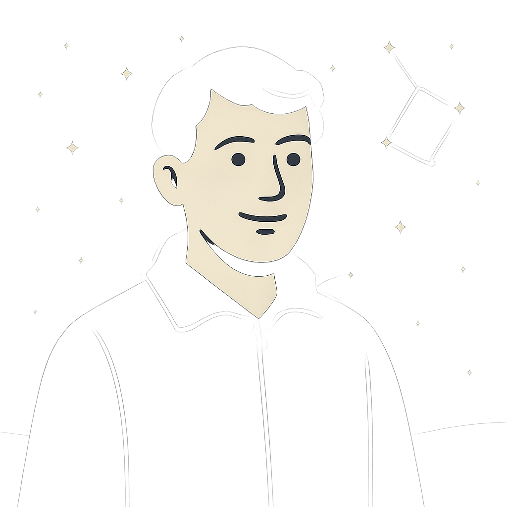 Calm illustrated volunteer stargazer portrait in a night-sky palette