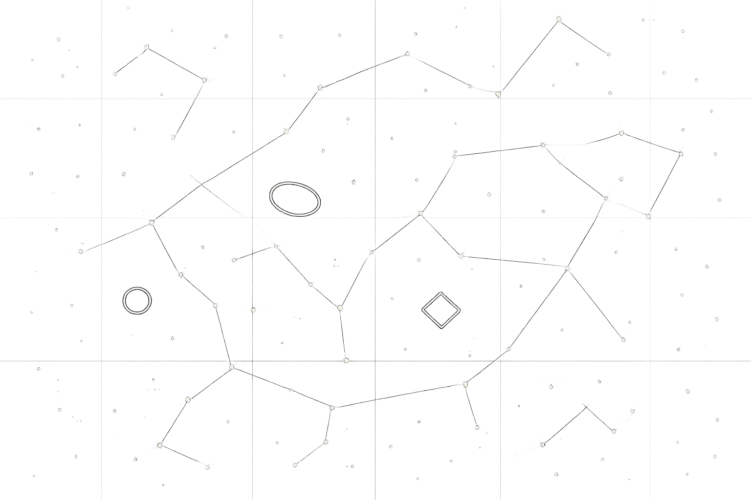 Minimal constellation grid marking Messier objects with compact annotation symbols