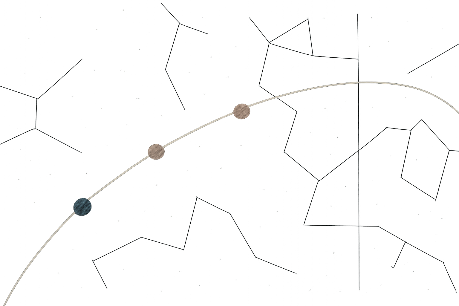 Clean celestial chart tracing ecliptic path with colored markers for visible planets