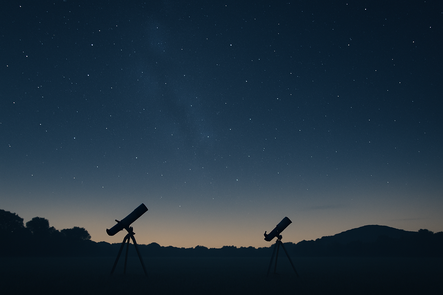 Serene wide night sky with subtle stars above a quiet hilltop observation field and two small telescopes at dusk