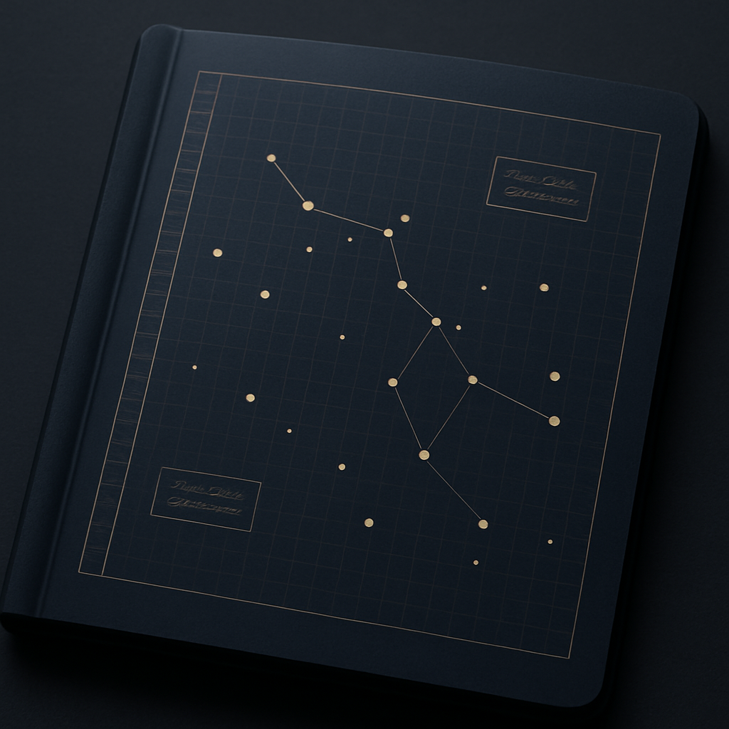Clean astronomy notebook page with a hand-drawn star map grid, plotted stars, and concise observation annotations