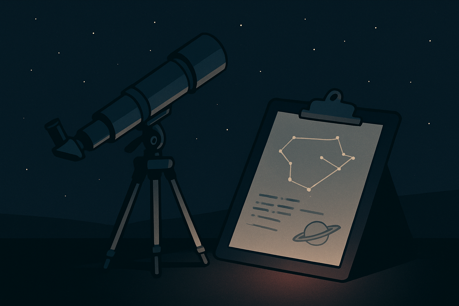 Calm astronomy observation chart with telescope setup notes under a night sky