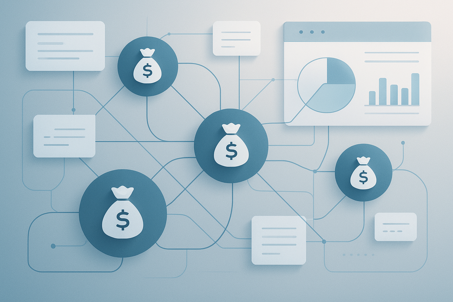 Abstract fintech network dashboard with nodes and secure payment routes