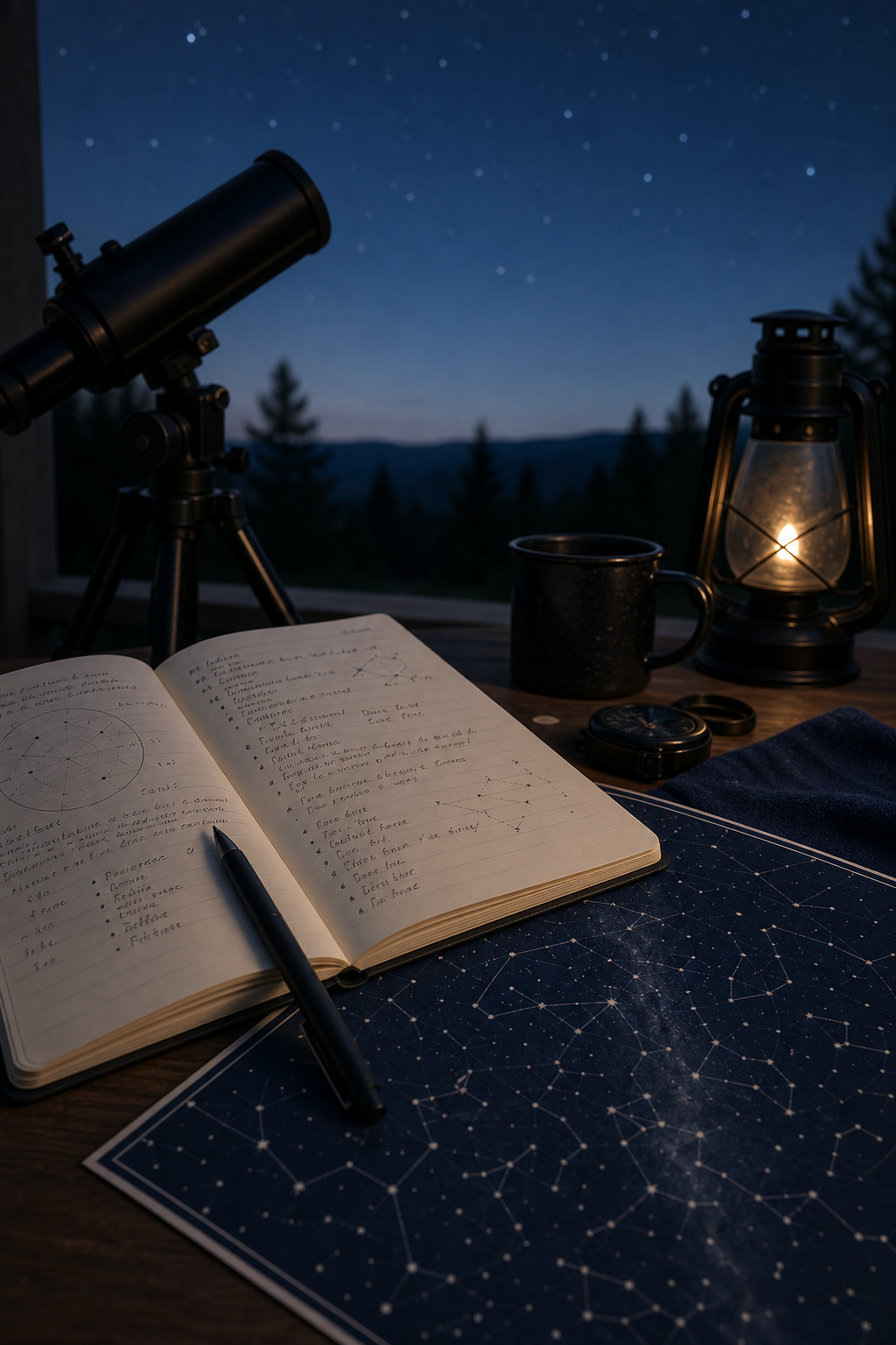 Open astronomy field notebook beside a small telescope silhouette and a constellation map under soft night lighting