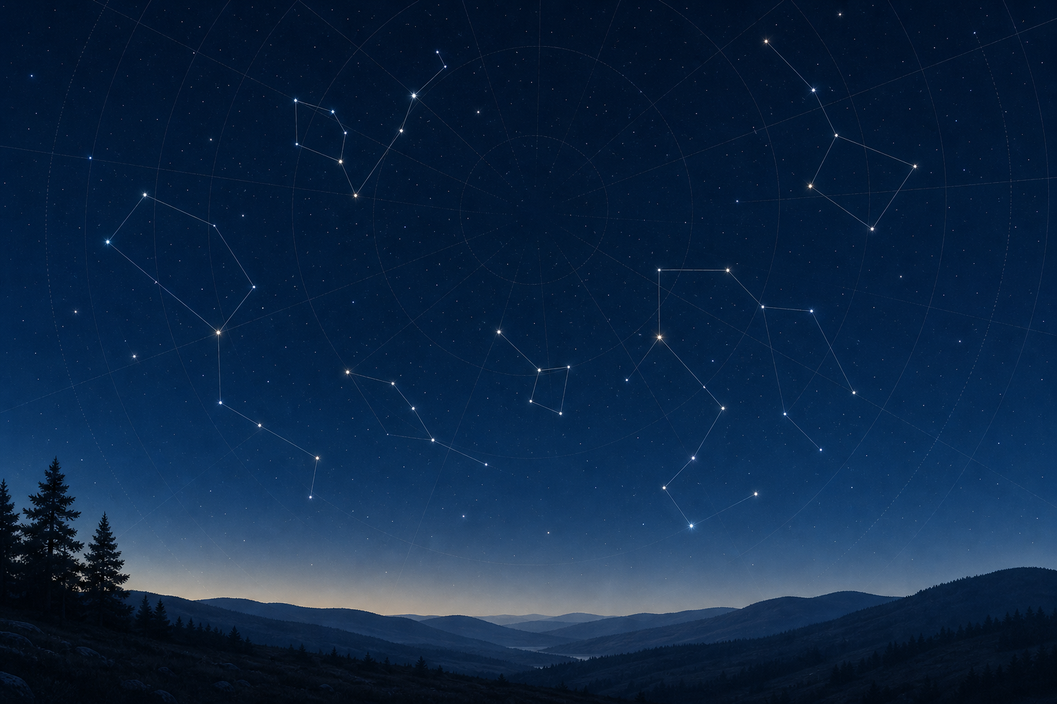 Calm illustrated night sky with constellations and a subtle star map grid above distant hills