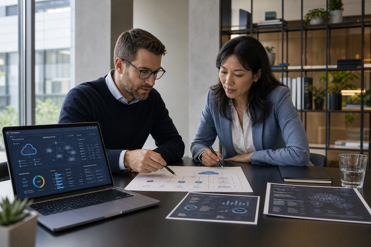 Two technology consultants reviewing a client systems plan at a desk in a modern office