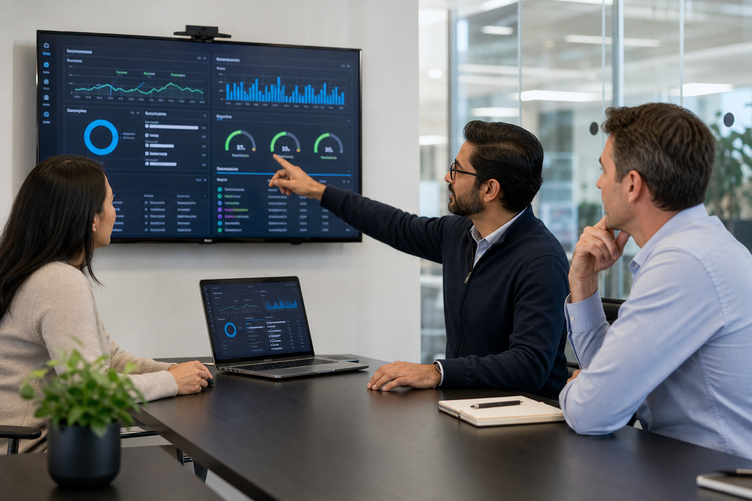Two technology consultants reviewing infrastructure dashboards with a client in a bright modern office meeting room