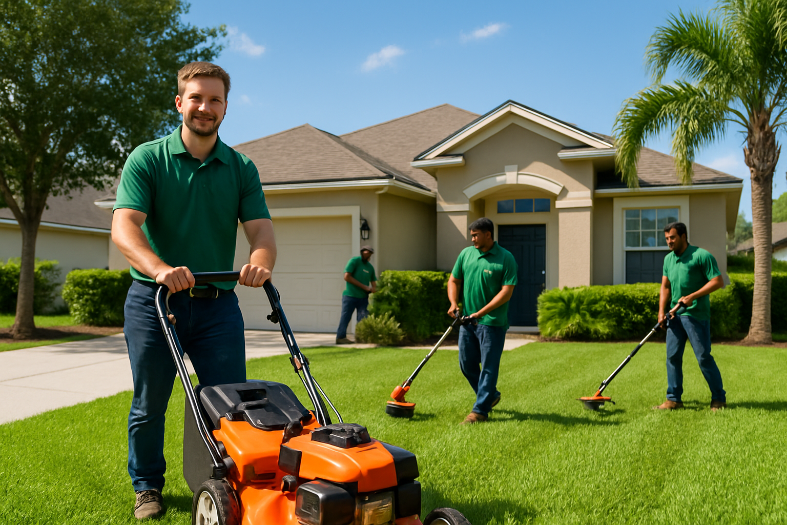 Friendly lawn care crew trimming a green suburban lawn in Jacksonville on a sunny day