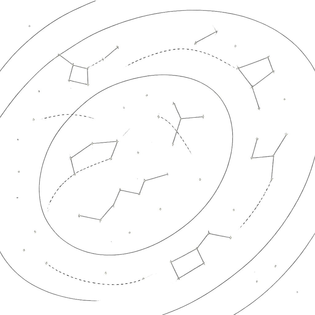 Clean celestial chart illustration with orbit lines and constellation markers