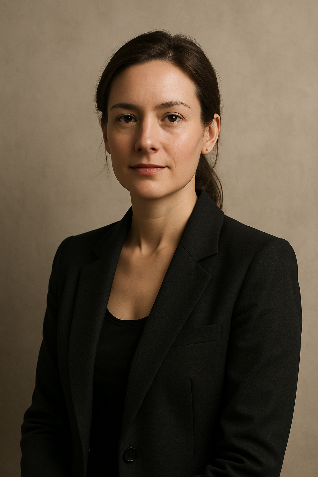 Studio portrait of the managing partner in dark tailored attire against a soft neutral textured backdrop