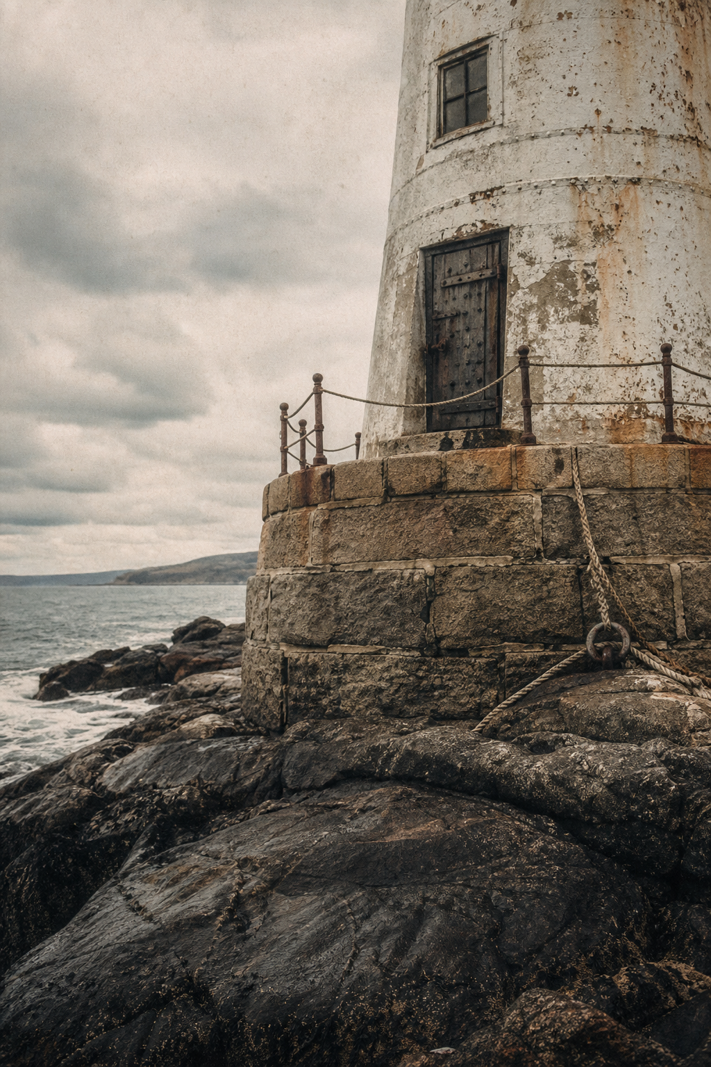 Archival coastal detail showing a weathered lighthouse base, stone shoreline, and wind-worn maritime textures
