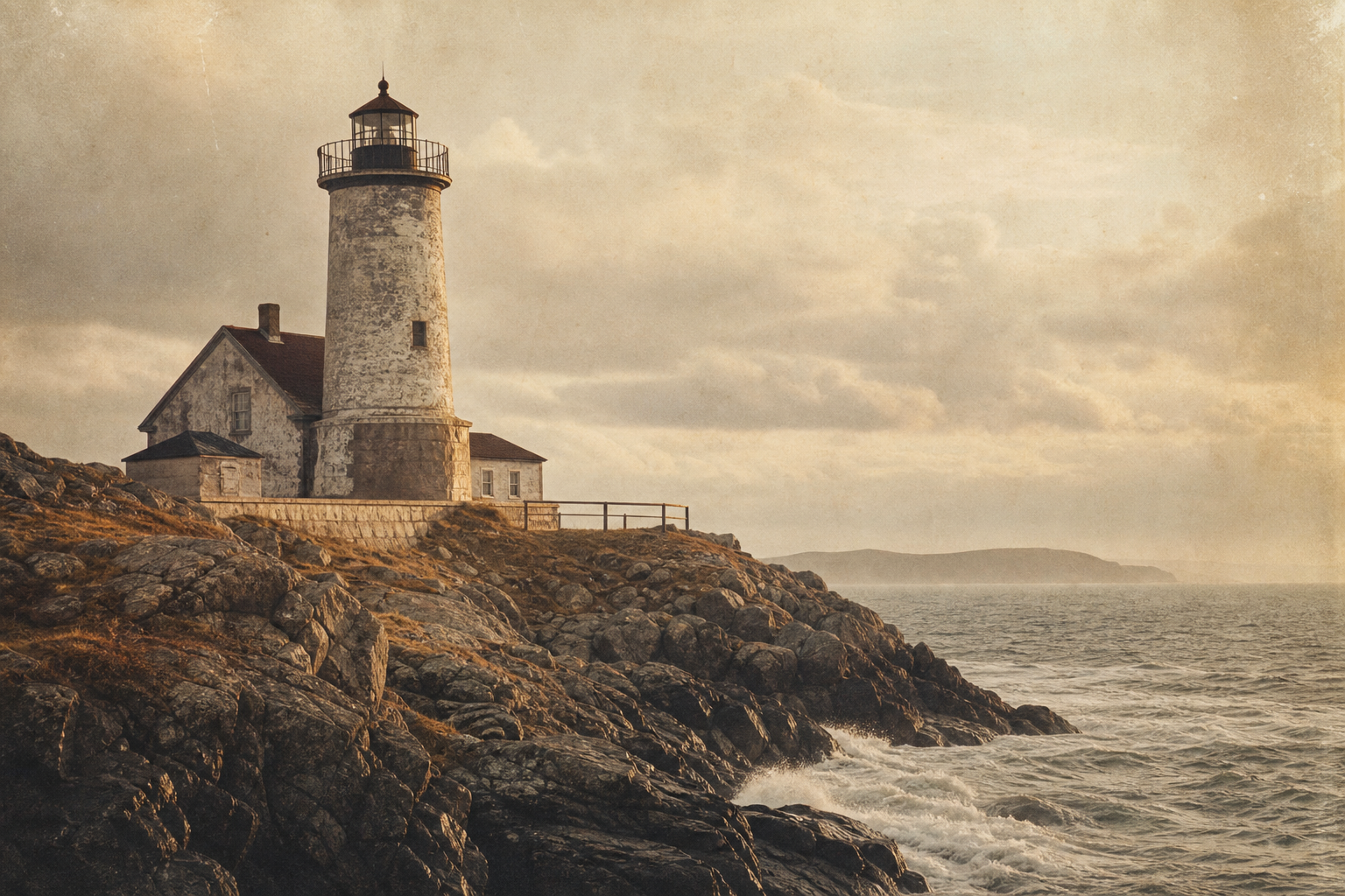 Weathered stone lighthouse on a rugged northern coastline in warm archival film style, with soft sea haze and golden overcast light