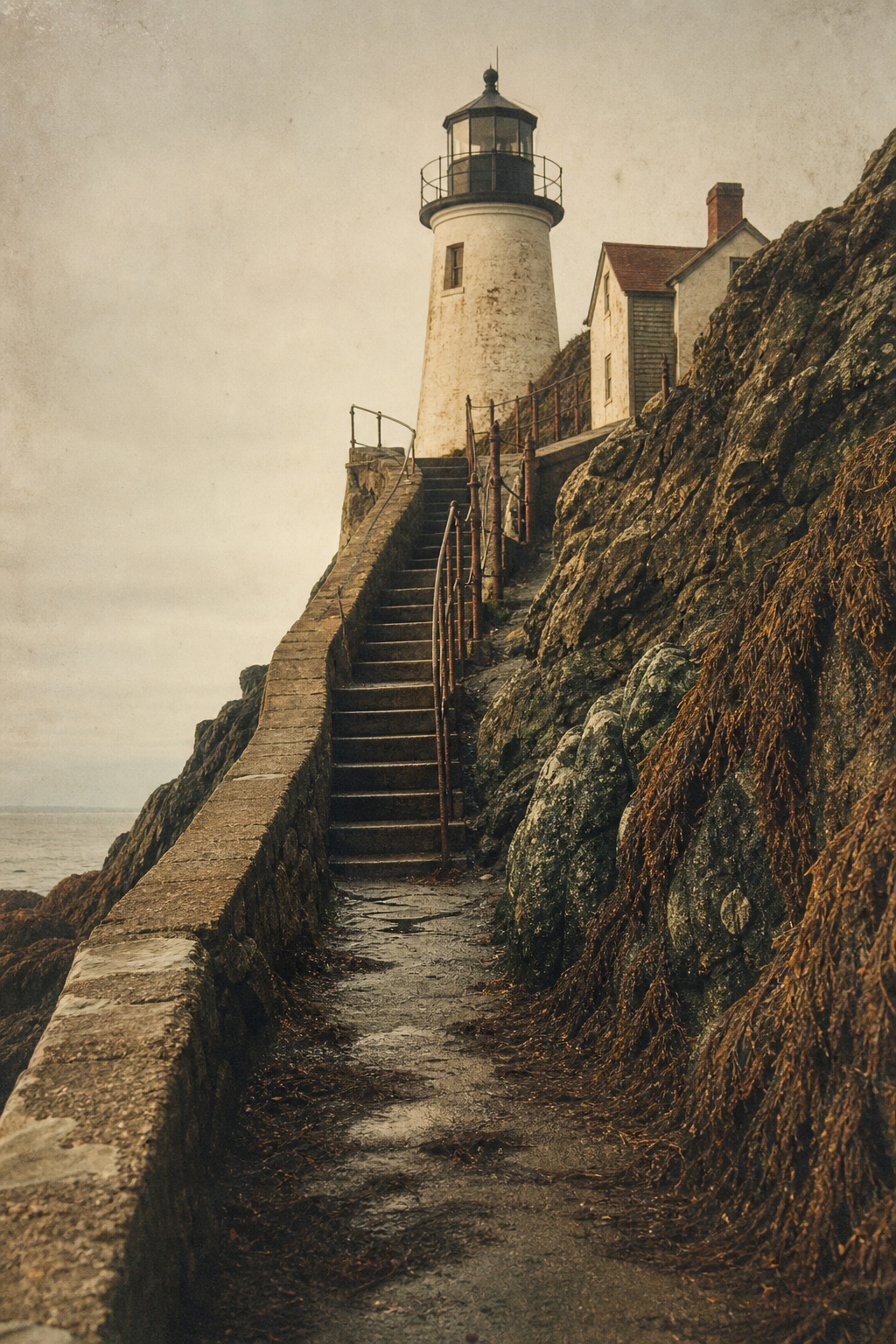 Historic style image of a keeper's narrow path and stair climbing toward a lighthouse above wet coastal stone