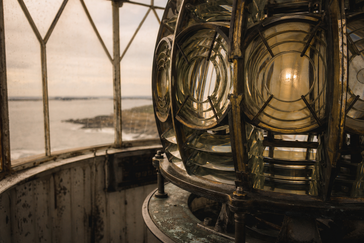 Close archival detail of lantern-room glass prisms and weathered metal framing inside a lighthouse