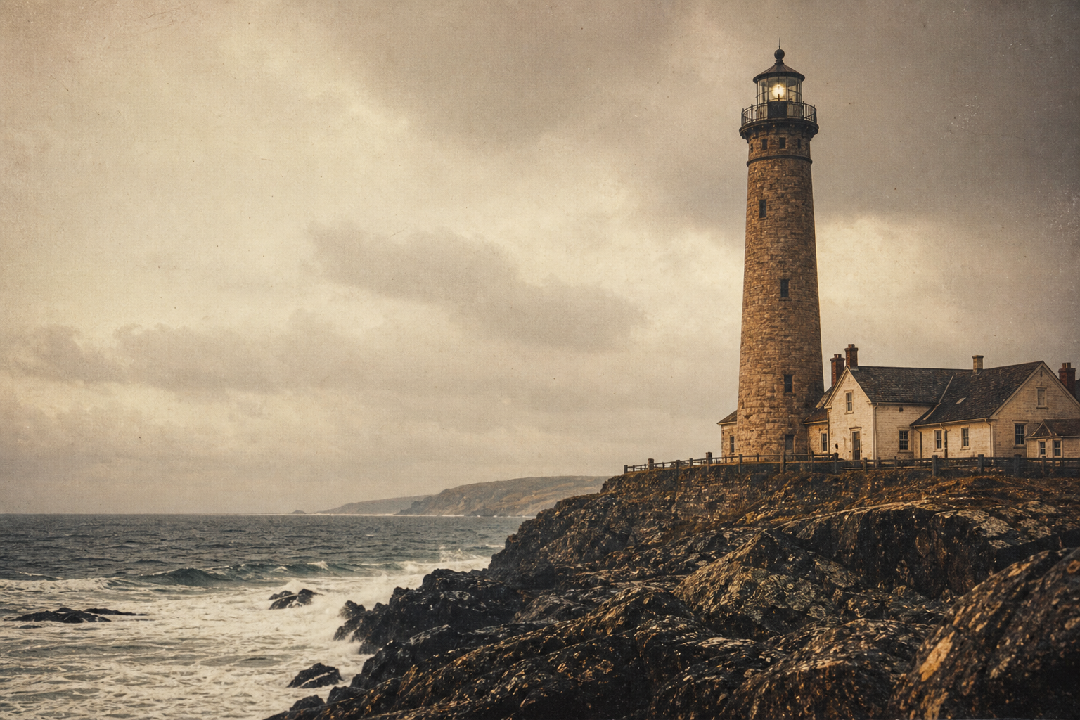 Archival style photograph of a lighthouse tower on a rugged northern shoreline with dark rock and rolling surf
