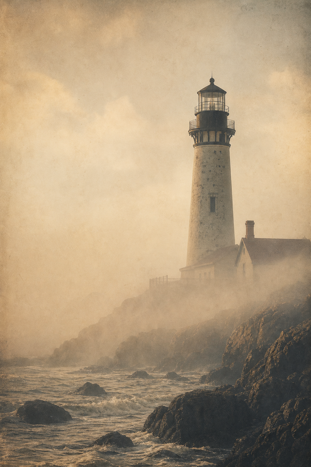 Soft archival photograph of a lighthouse tower partially obscured by sea mist and coastal haze