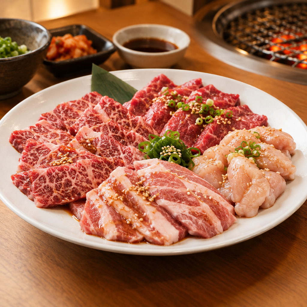 食べ放題コースの盛り合わせ肉皿