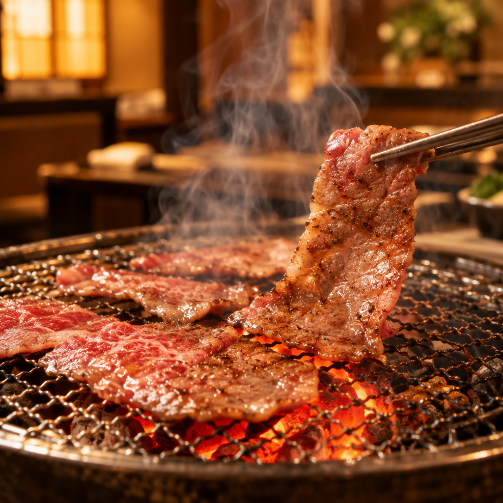 炭火で焼かれる牛肉のアップ
