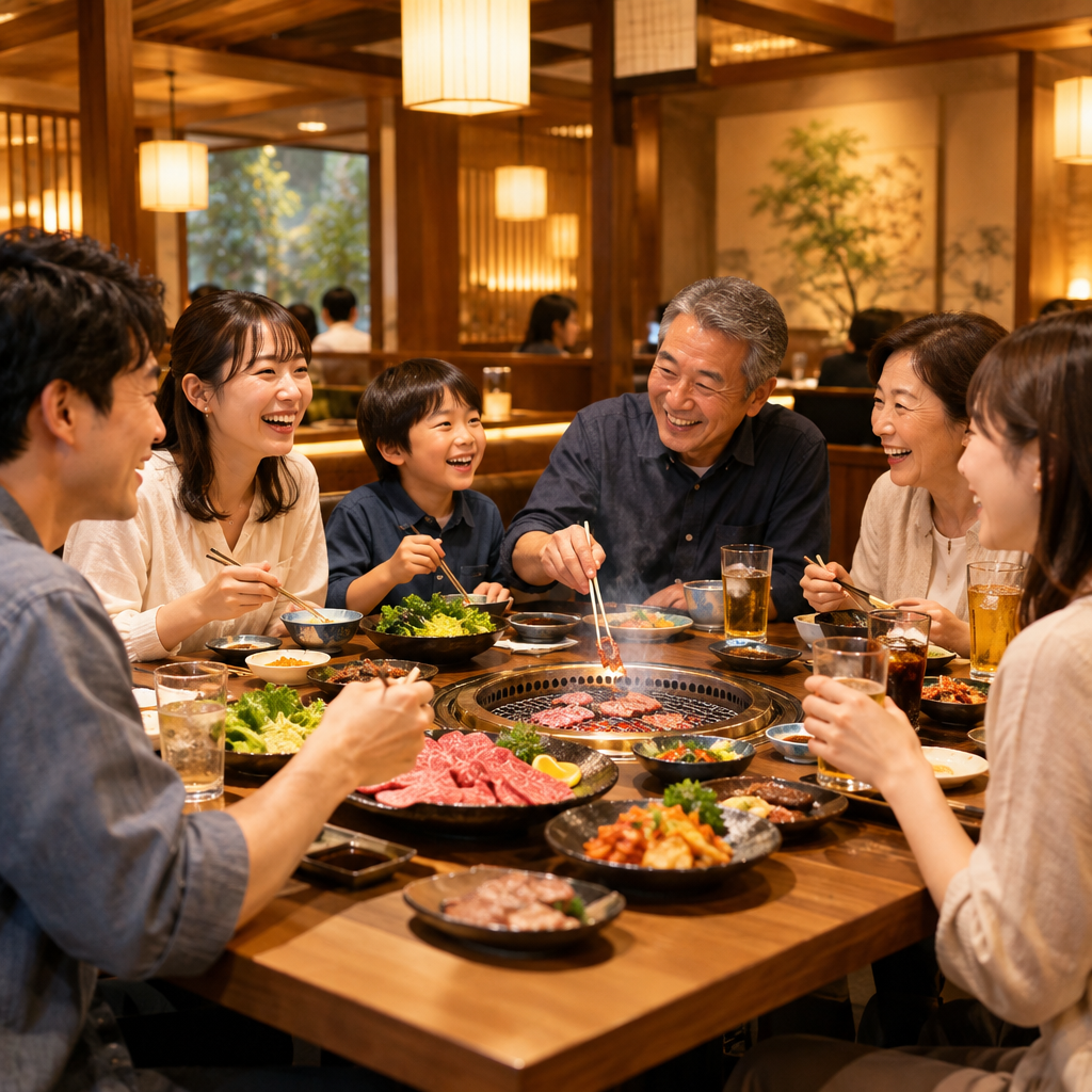 家族と友人が囲む焼肉テーブル