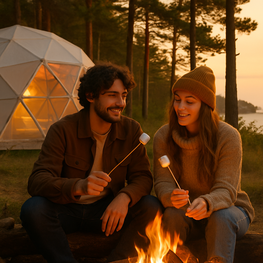 Couple toasting marshmallows at a campfire beside a dome tent