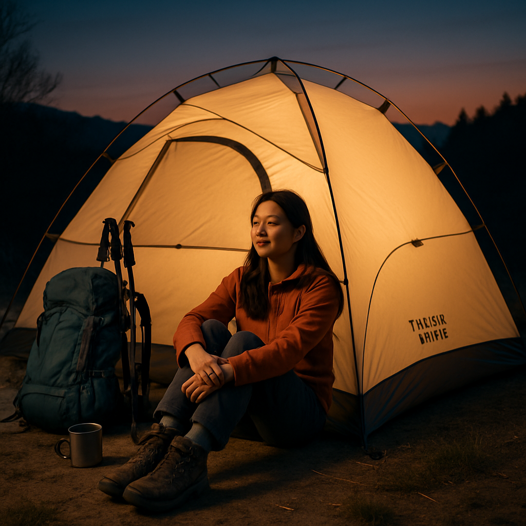 Solo hiker relaxing outside a Timber Waves dome tent at dusk
