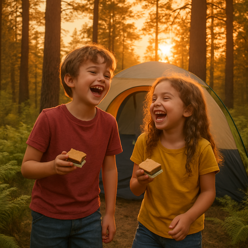 Kids playing near a dome tent, holding s'mores and laughing