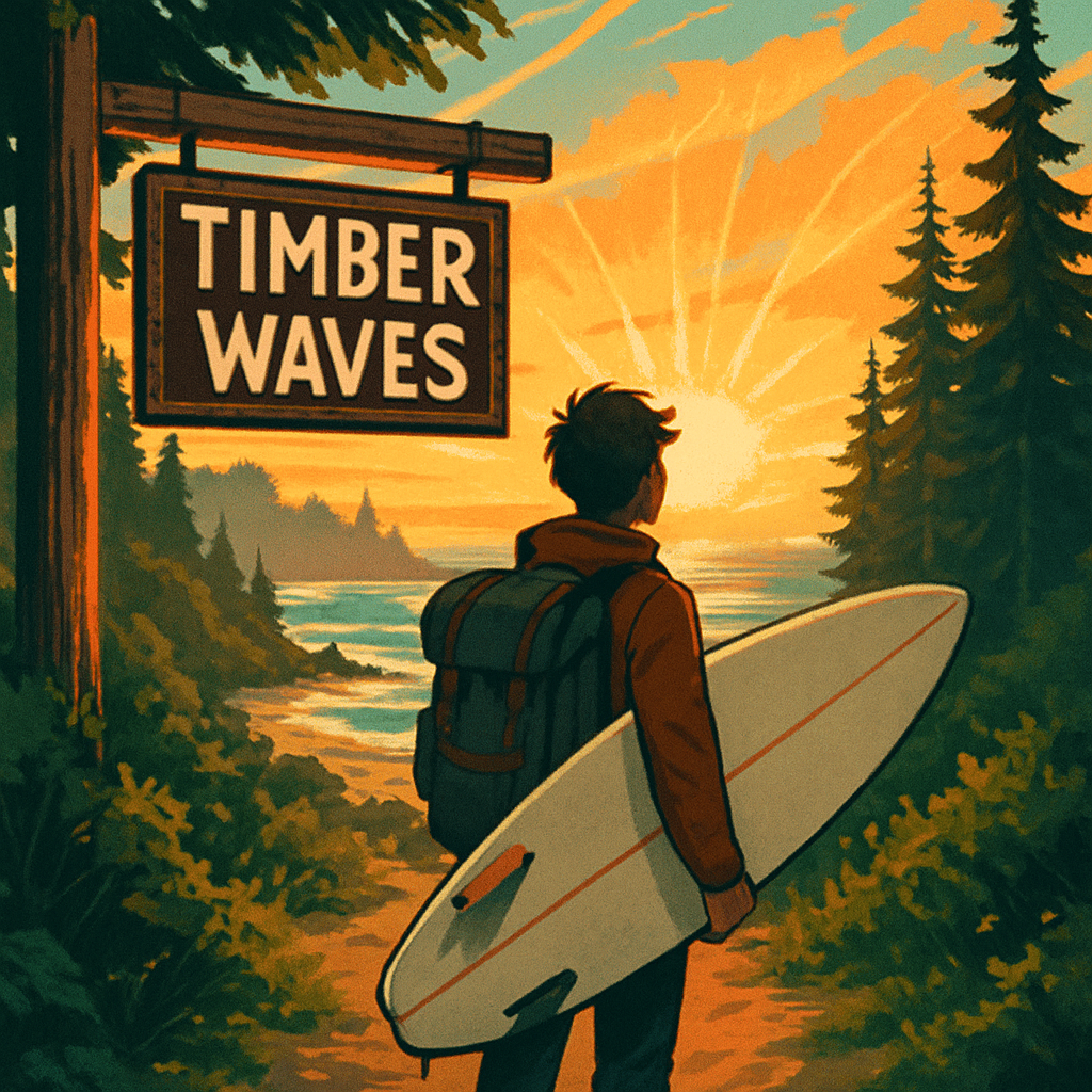 Adventurer with a surfboard and backpack outside Timber Waves