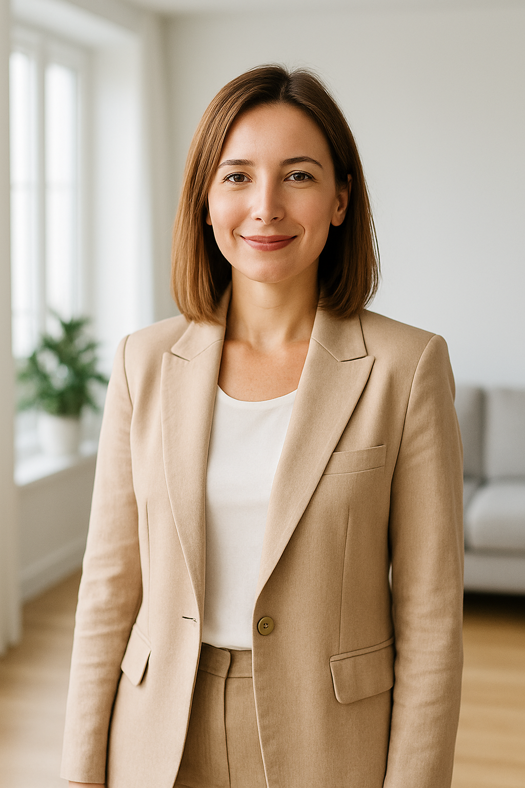Olha Melnyk, a smiling professional real estate agent, standing in a bright modern Kyiv apartment