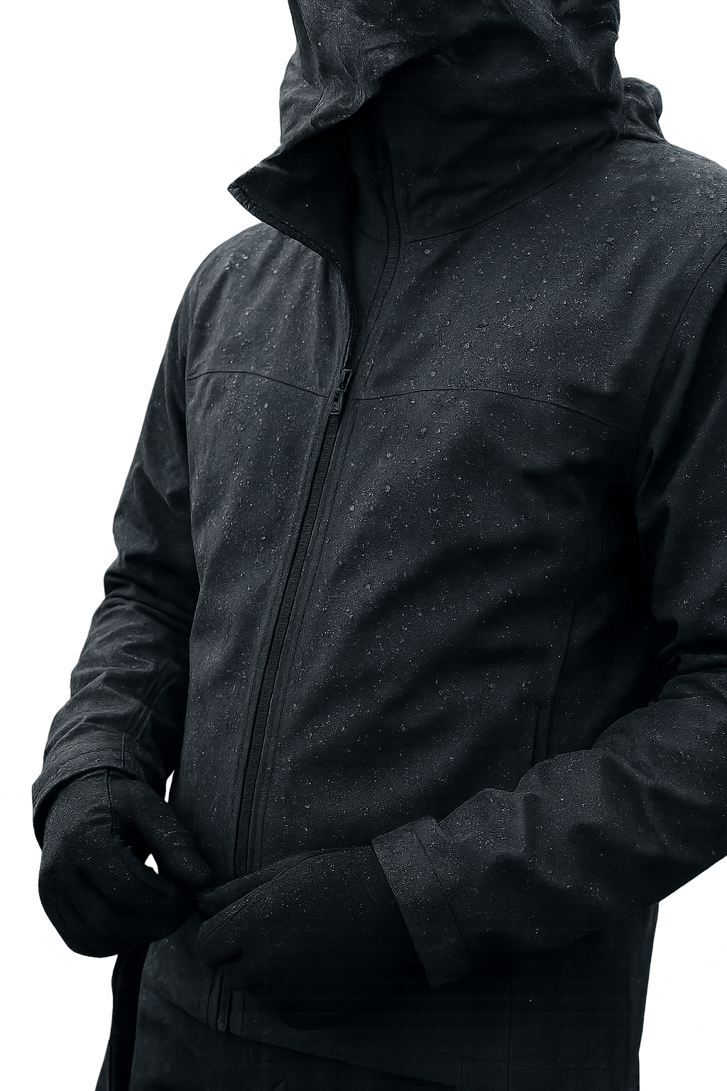 Close-up of a mountaineer wearing low-saturation technical shell layers with visible fabric texture in cold alpine weather