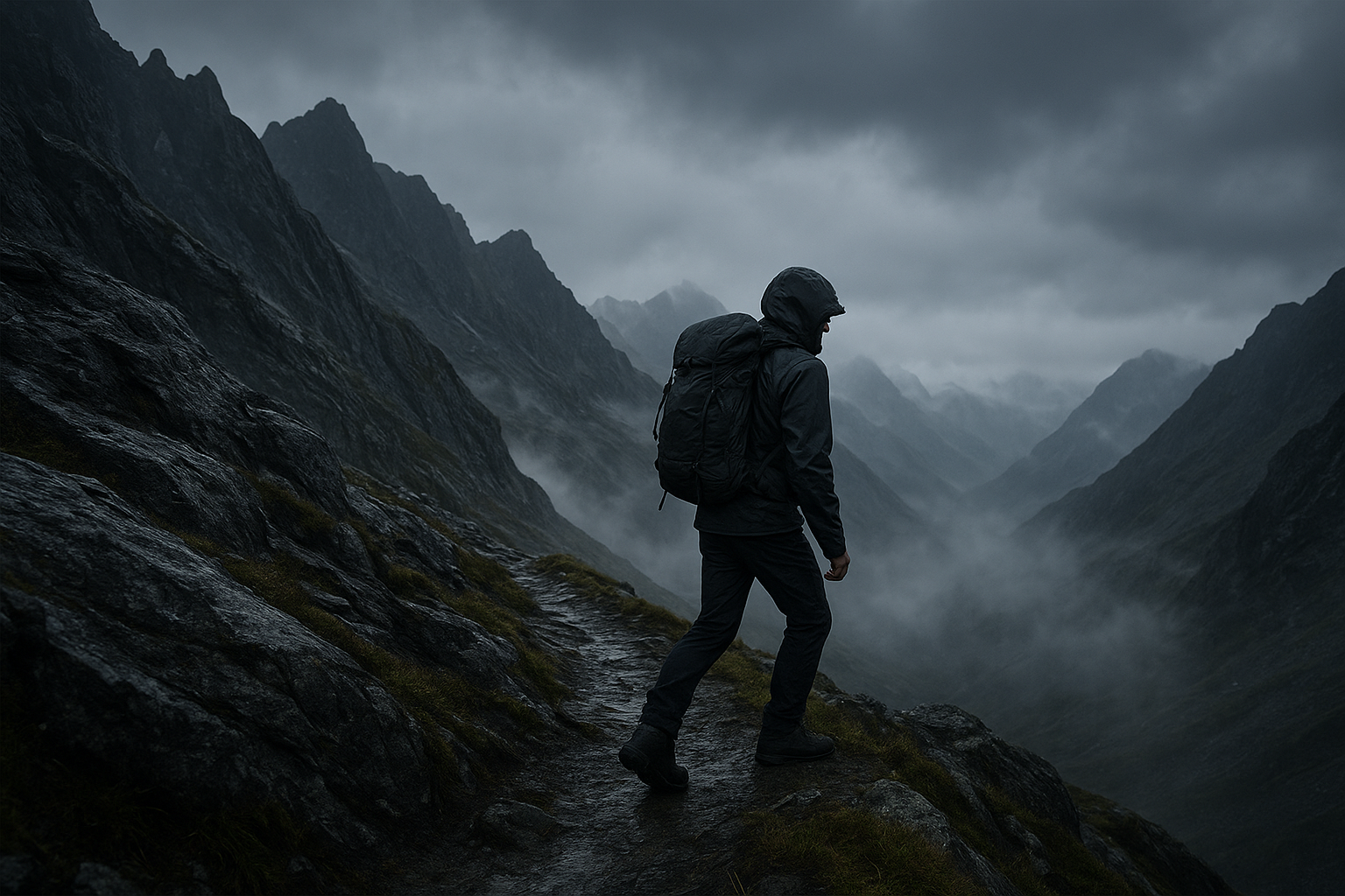 Cinematic alpine ridgeline in wet weather with dark rock, drifting mist, and a hiker in technical shell outerwear