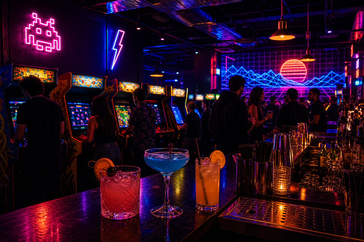 Neon-lit arcade bar with glowing cabinets, cocktails on the counter, and silhouettes of guests playing games