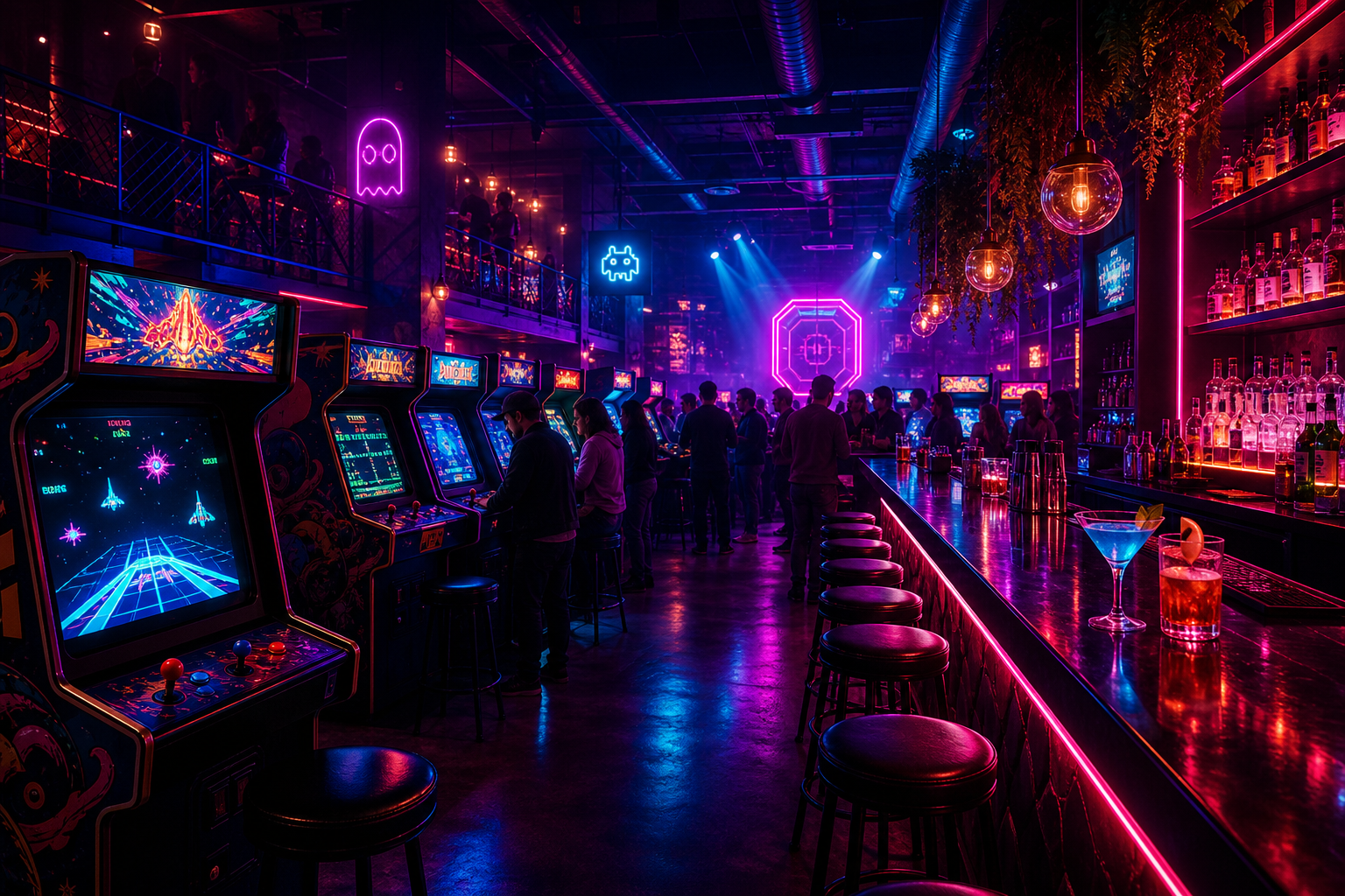 Dramatic neon-lit arcade bar with glowing cabinets, cocktail bar lights, and lively nightlife ambiance