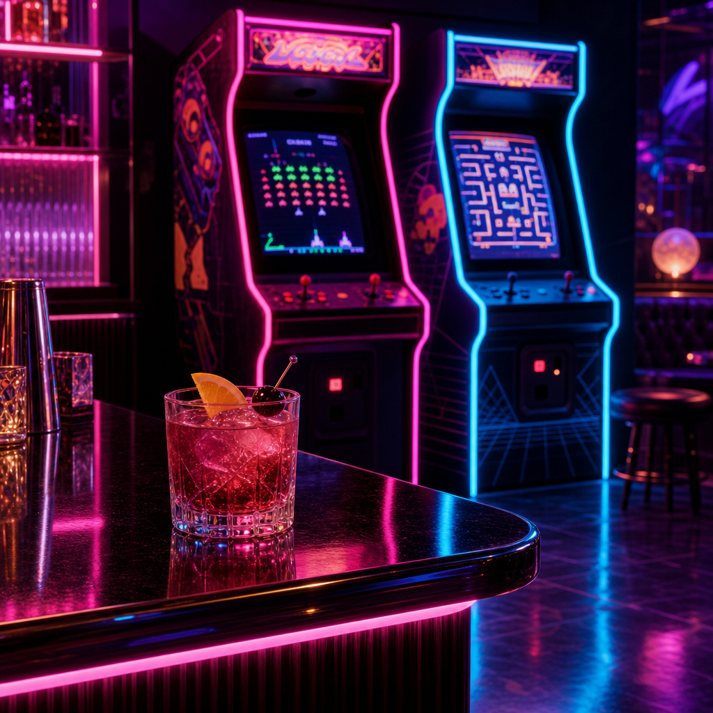 Neon-lit arcade booth with glowing cabinets and a signature cocktail on a glossy bar edge
