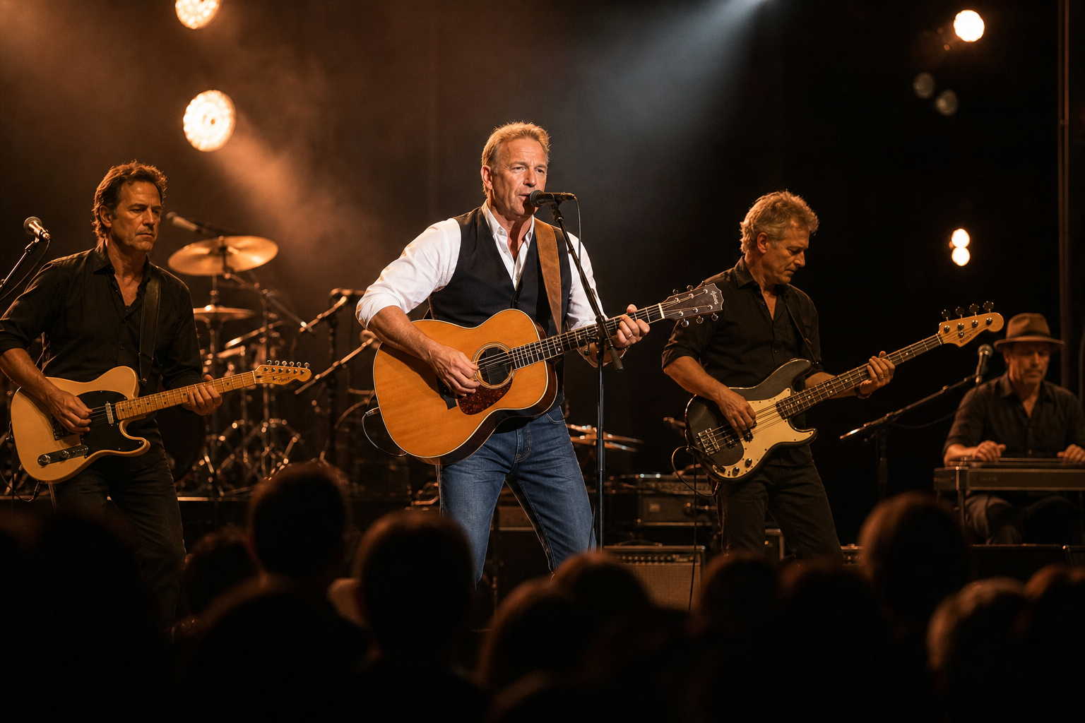 Realistic live-band performance with warm stage lights, guitars, and an authentic concert crowd atmosphere