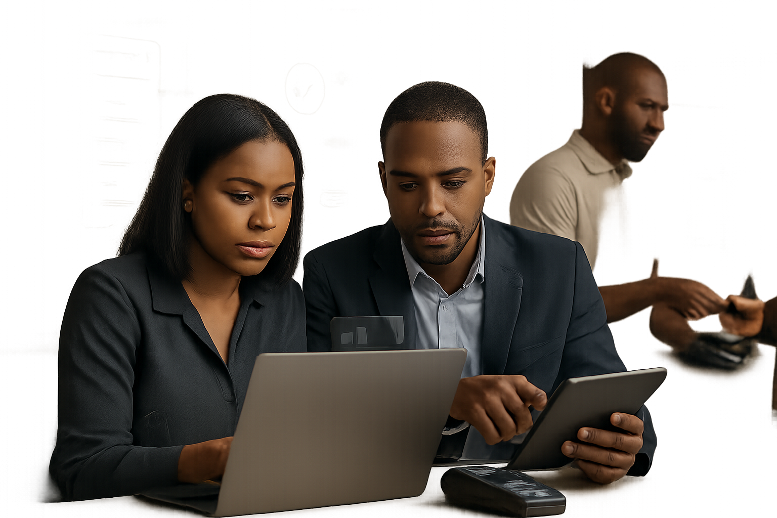 Jetsoft team supporting merchant payment operations with POS devices and digital transaction monitoring in a professional Nigerian business environment