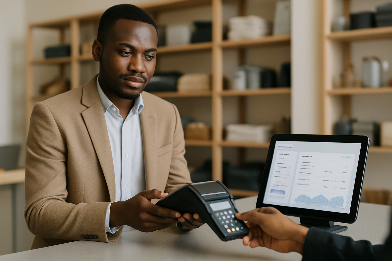 Professional Nigerian merchant accepting a digital card payment on a modern POS terminal in a clean retail counter environment with a subtle payment interface visible