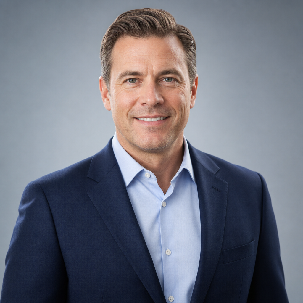 Professional portrait of Benjamin Carter, CEO of GoldenGlow Digital Systems, wearing a navy suit and light blue shirt, smiling confidently