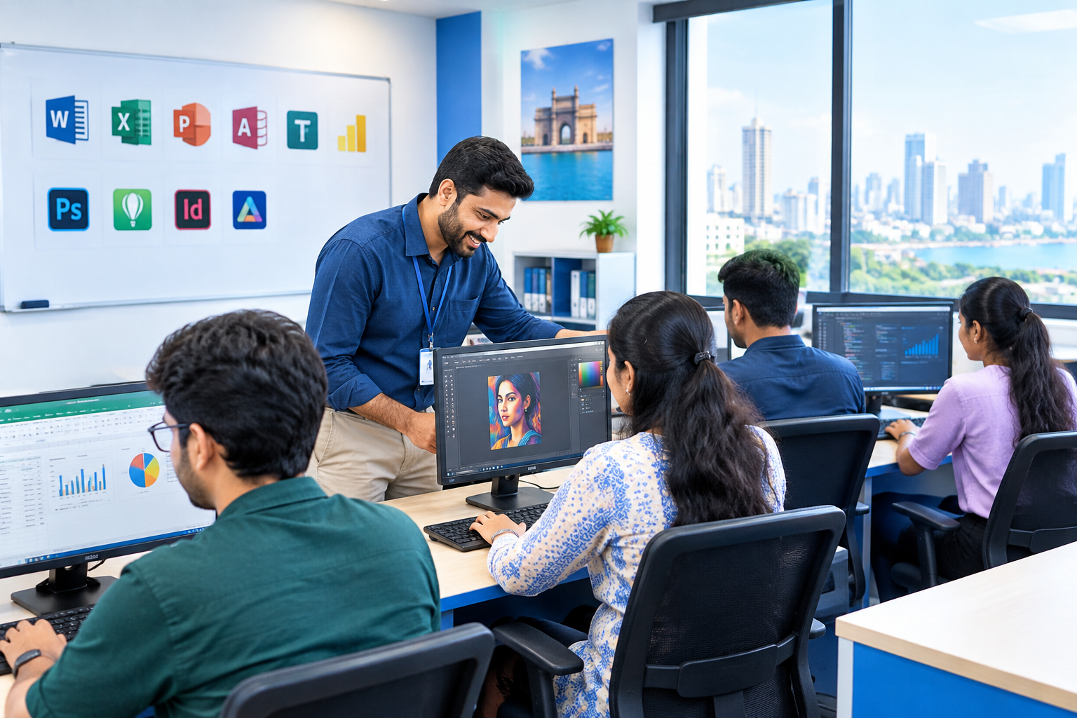 Bright computer training classroom in Mumbai with an instructor guiding students at desktop workstations