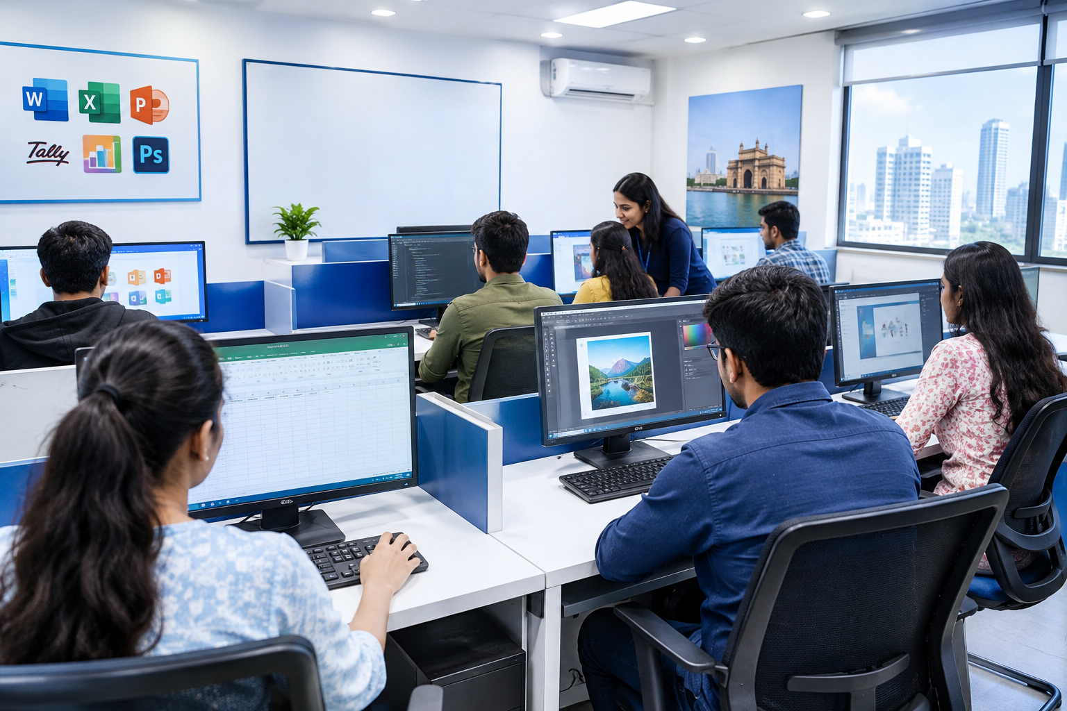 Students learning at desktop workstations in a bright computer classroom