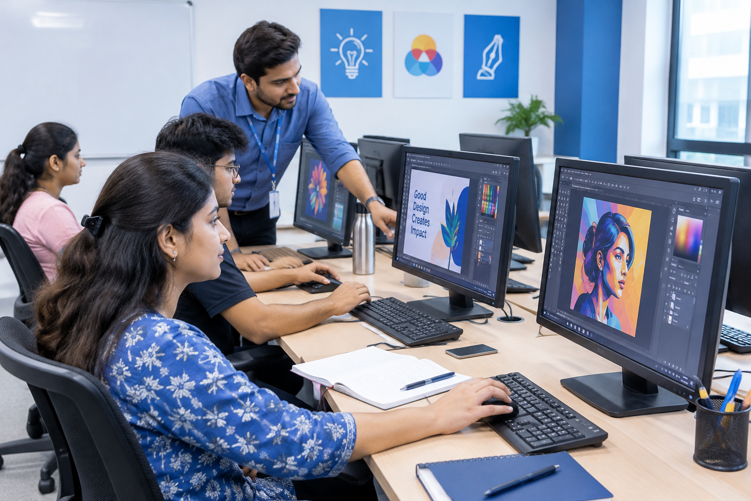 Graphic design training session with learners working in Photoshop and CorelDRAW