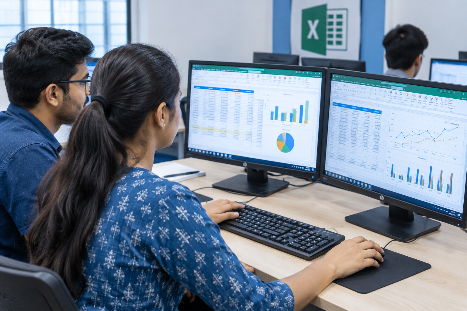 Close-up of students practicing Advanced Excel tasks on dual-monitor setups