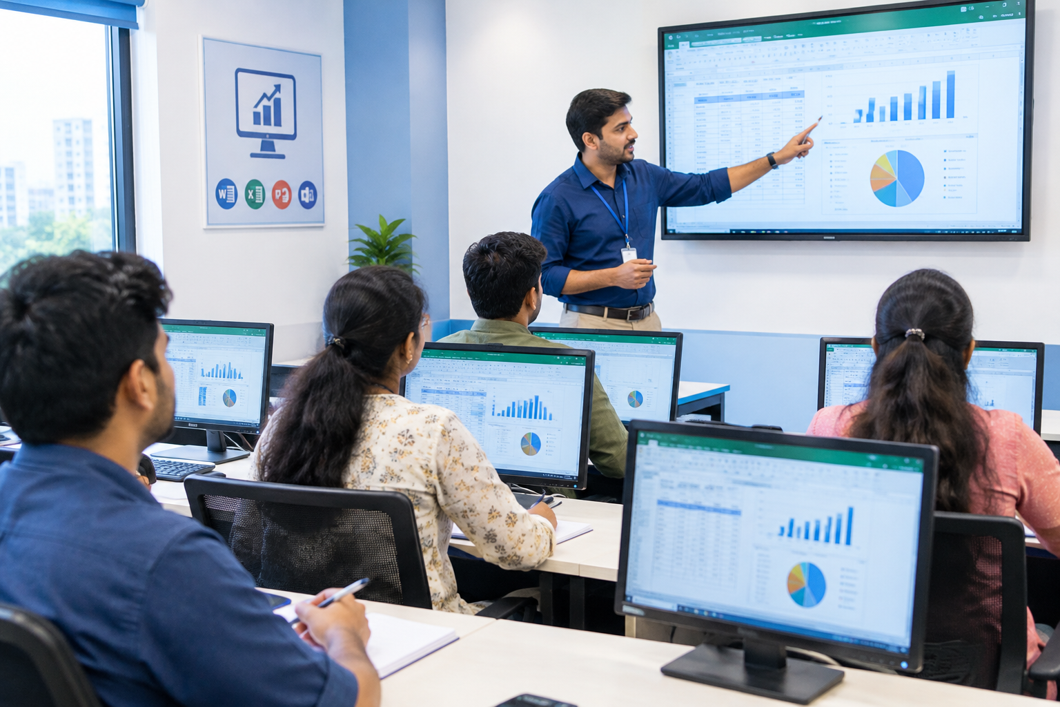 Focused classroom moment with learners attending an instructor-led software explanation