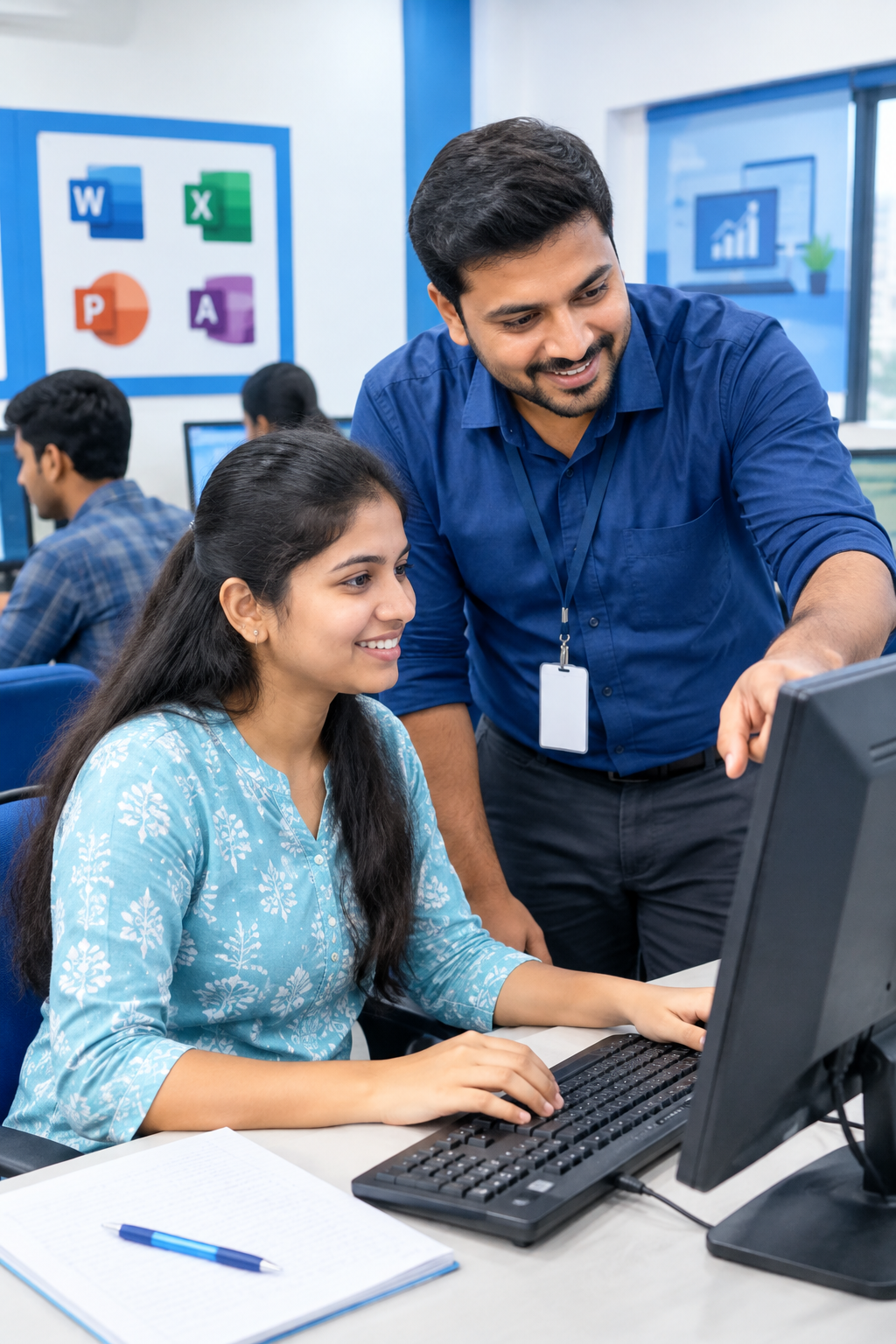 Instructor helping a learner one-on-one during a practical software session
