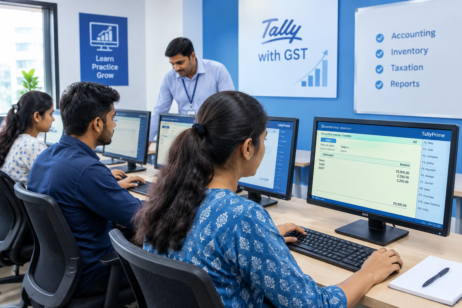 Small batch Tally with GST practice in a focused training lab environment