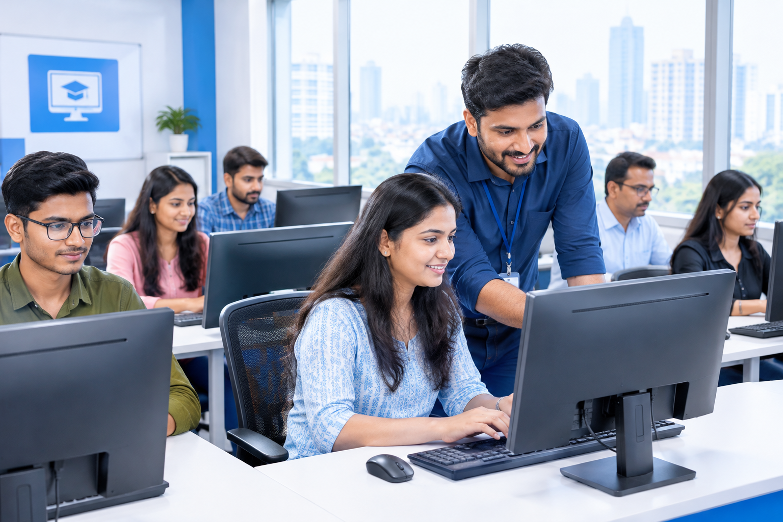 Bright modern computer classroom in Mumbai with diverse students practicing on desktop computers while an approachable instructor guides them