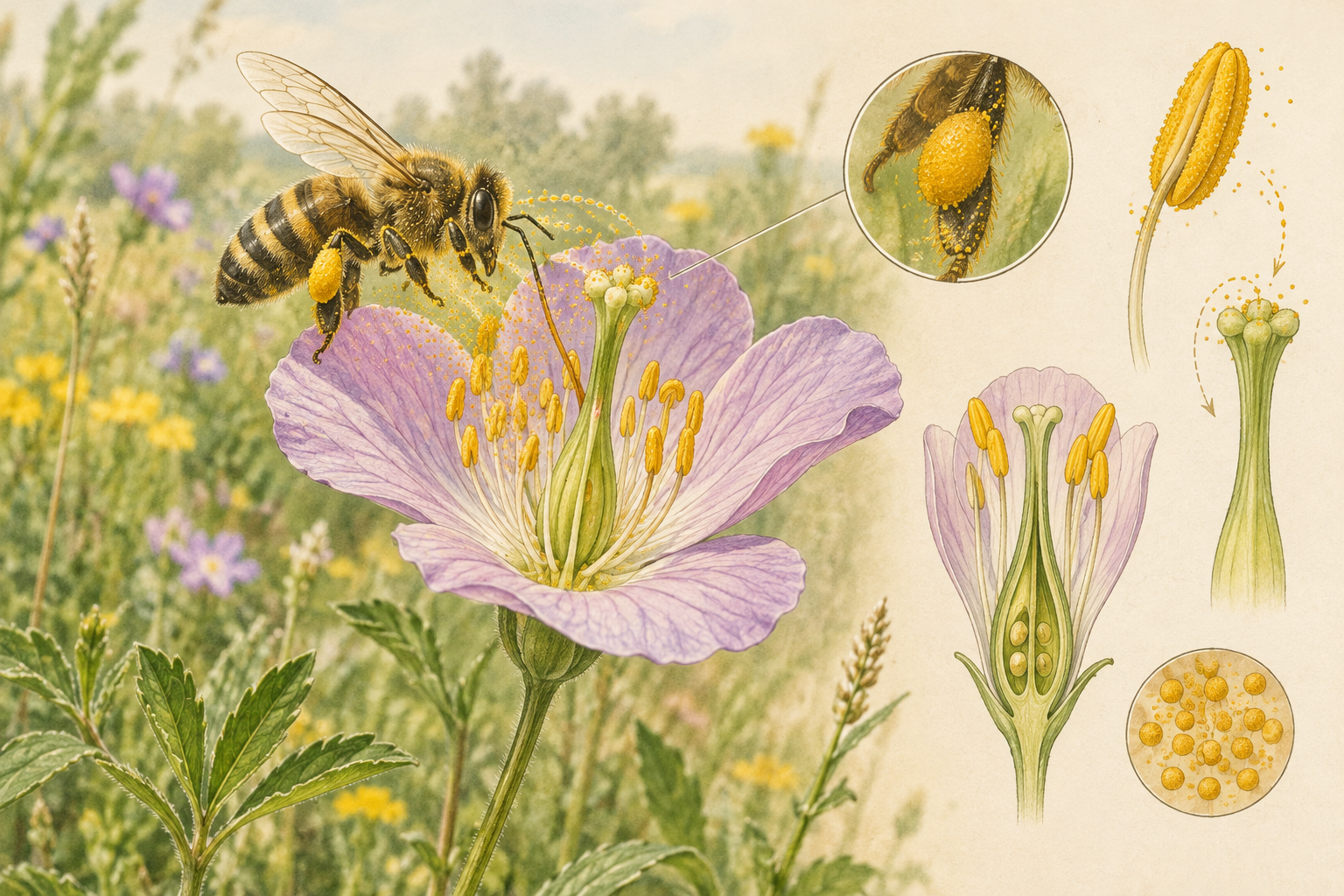 昆虫在野花上访花授粉的科学主题插图，展示花部结构与花粉转移过程