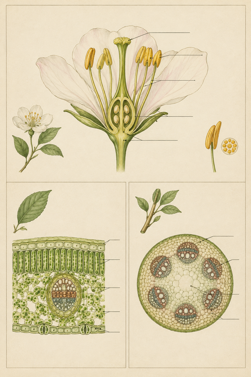 植物科学图解：展示花部剖面、叶片维管束与茎横切面的手绘风格教育插图