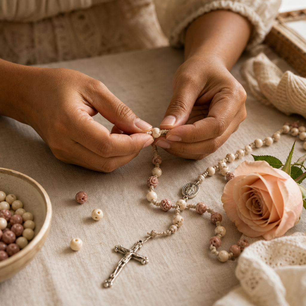 Close-up of artisan hands stringing cream and rose-toned rosary beads beside a small silver crucifix on a linen work surface