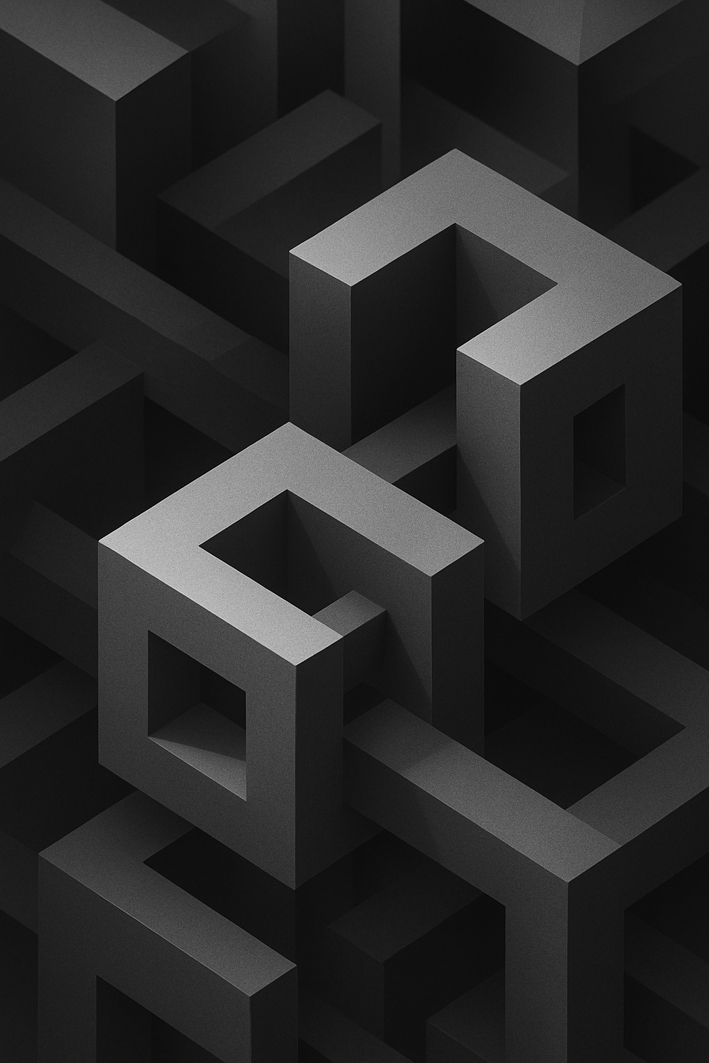 Geometric digital art in grayscale with sharp forms and subtle highlights